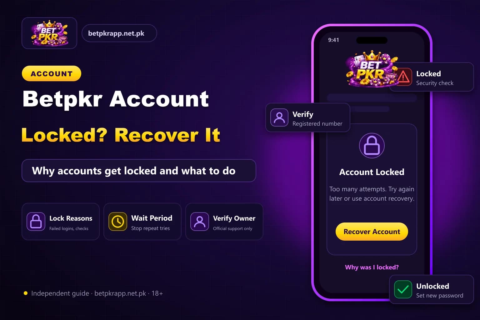 Bet PKR branded graphic showing a smartphone with an account-locked screen and recovery steps