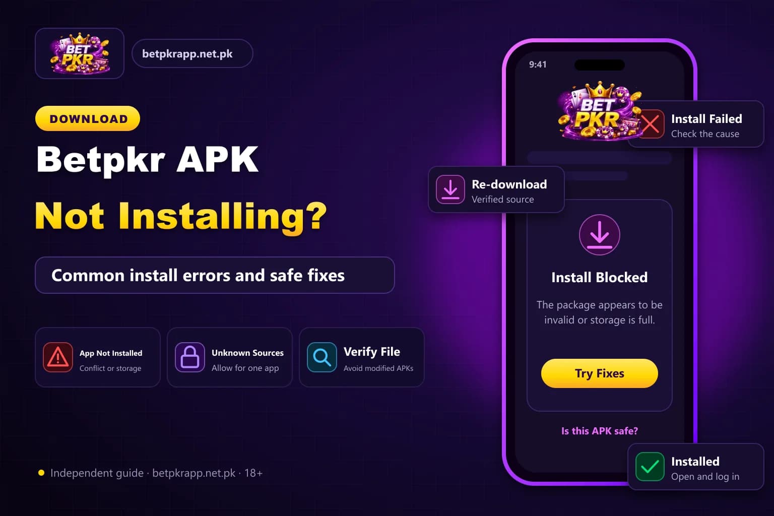 Bet PKR branded graphic showing a smartphone with an APK installation error, illustrating causes and fixes