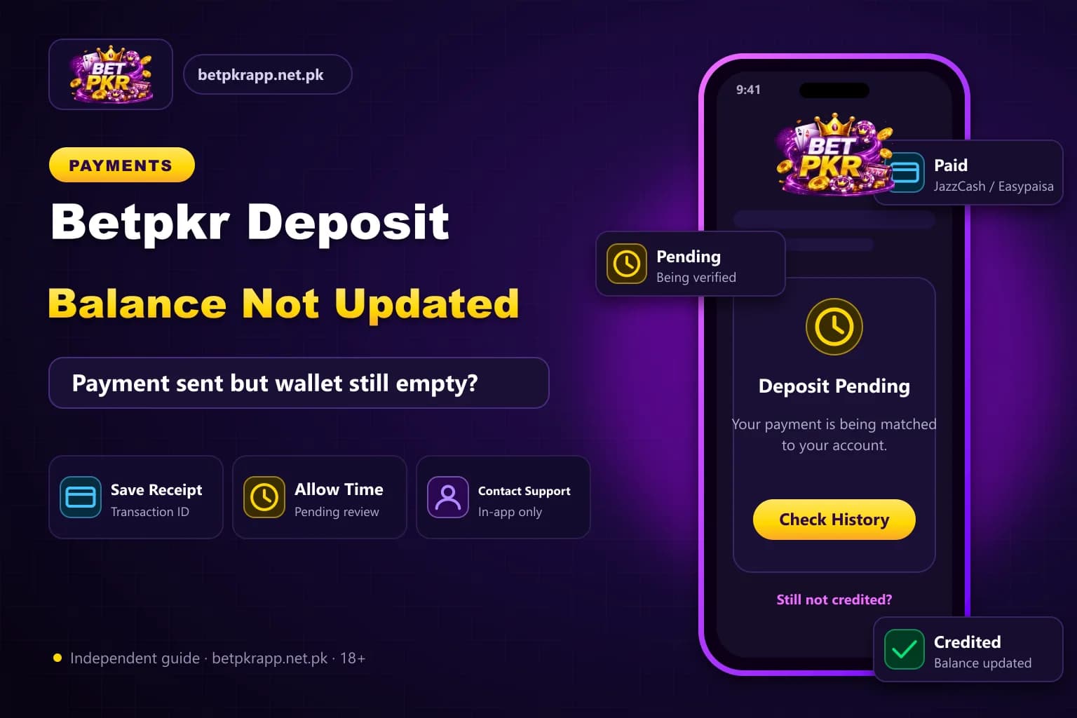 Bet PKR branded graphic showing a smartphone with a successful deposit that has not yet updated the wallet balance