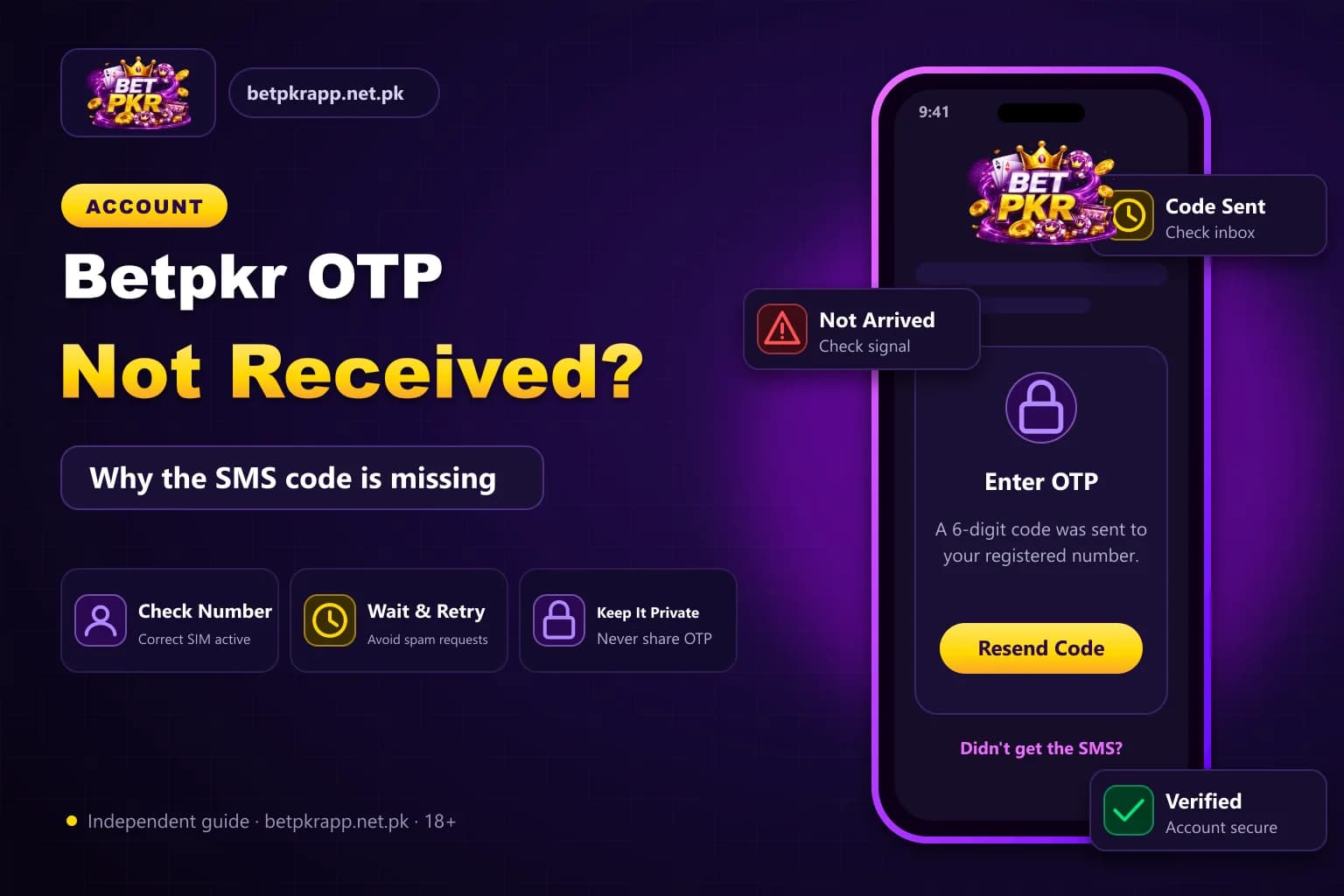Bet PKR branded graphic showing a smartphone with a missing OTP verification message
