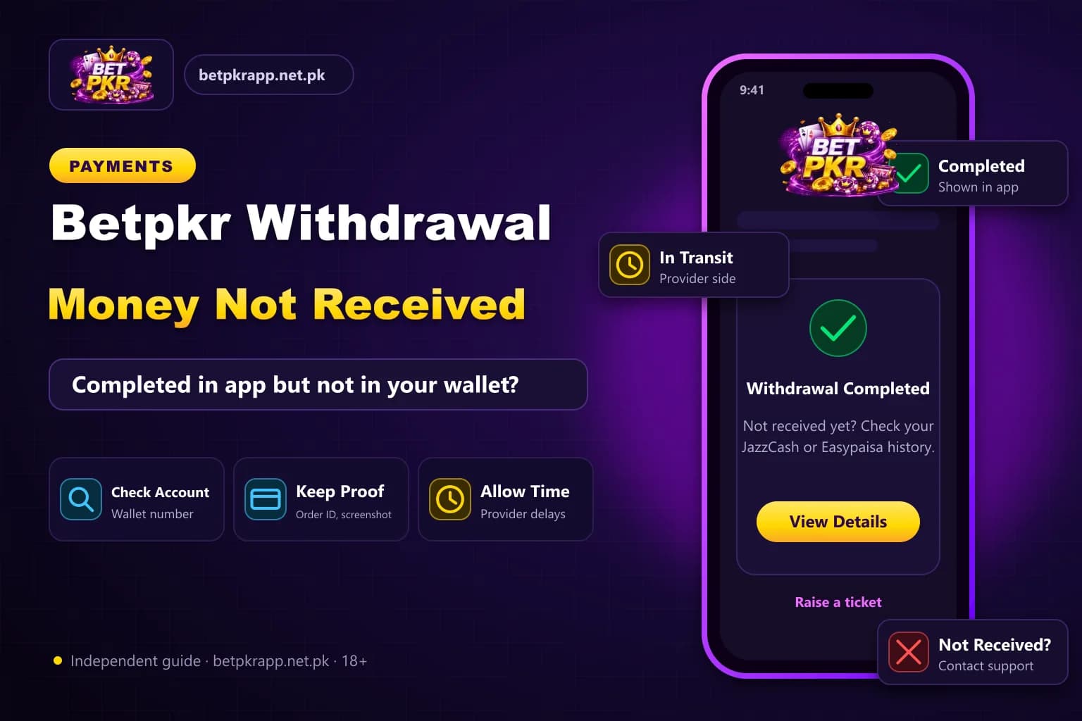 Bet PKR branded graphic showing a smartphone with a completed withdrawal that has not yet been received