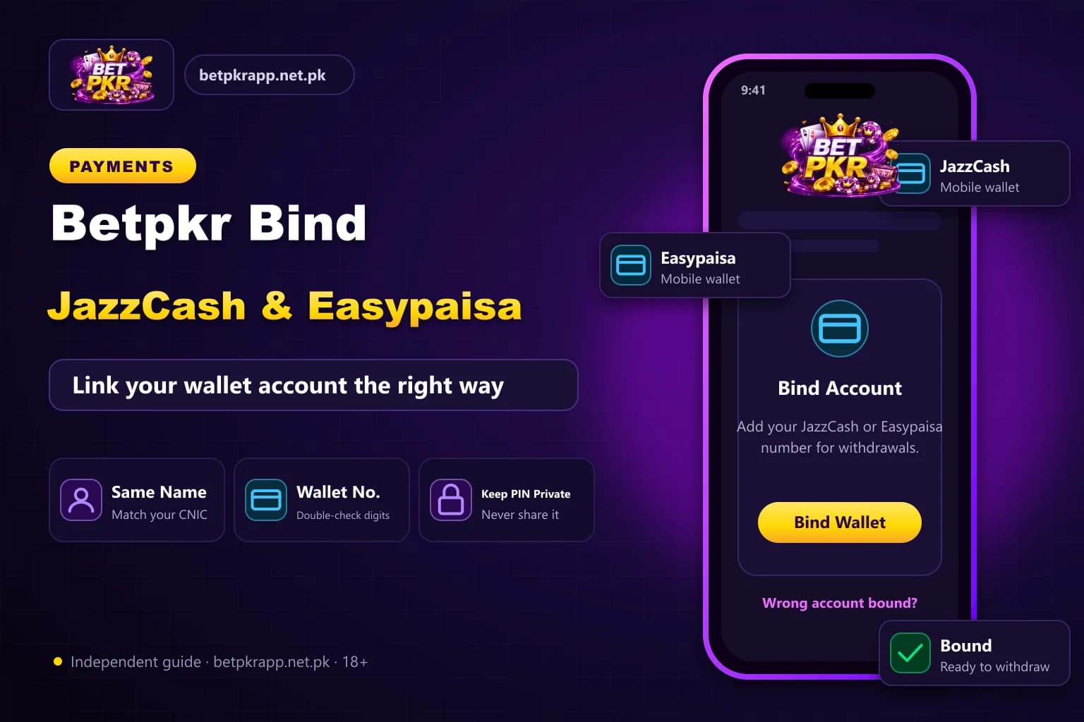 Smartphone showing a wallet binding screen with JazzCash and Easypaisa options for a Betpkr account