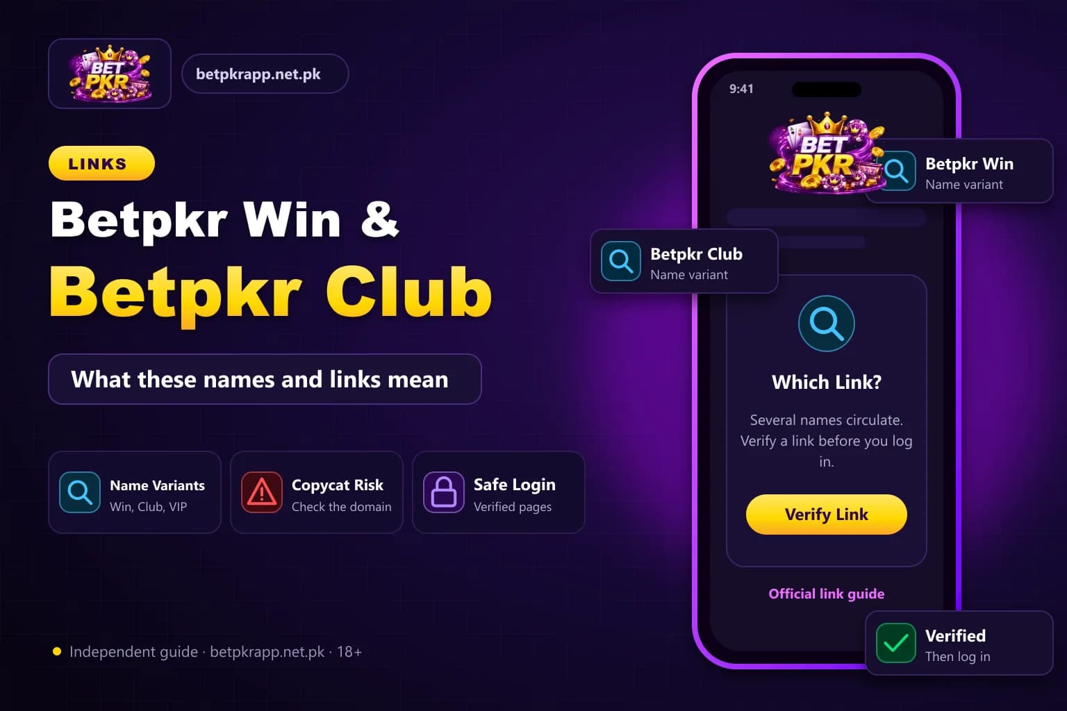 Link verification checklist for Betpkr Win and Betpkr Club login pages on a smartphone