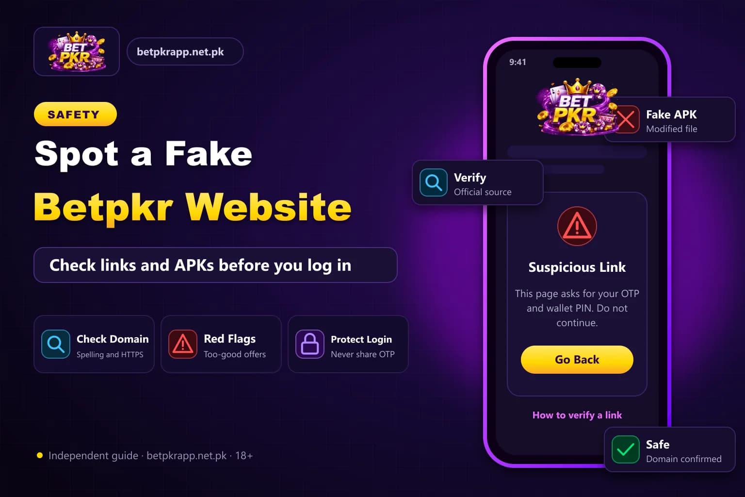 Bet PKR branded graphic showing a smartphone with a security warning, illustrating how to identify a fake Bet PKR website or APK