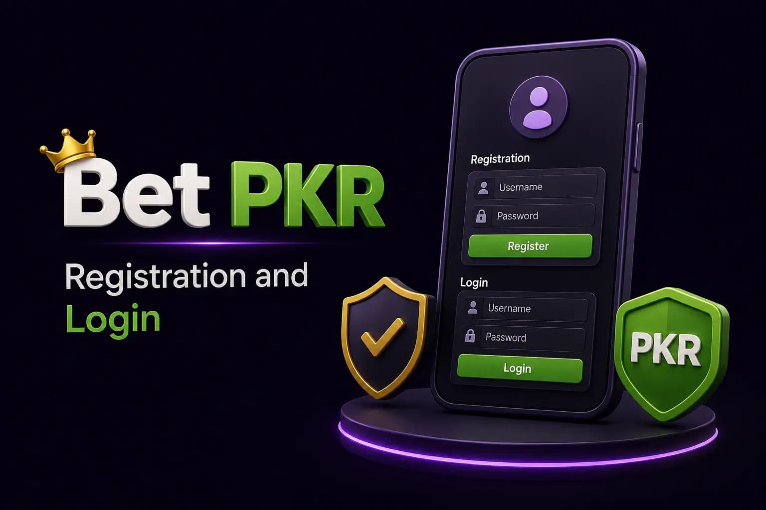 Bet PKR branded graphic for 'Bet PKR Registration and Login' showing a smartphone with the account sign-up and login screens