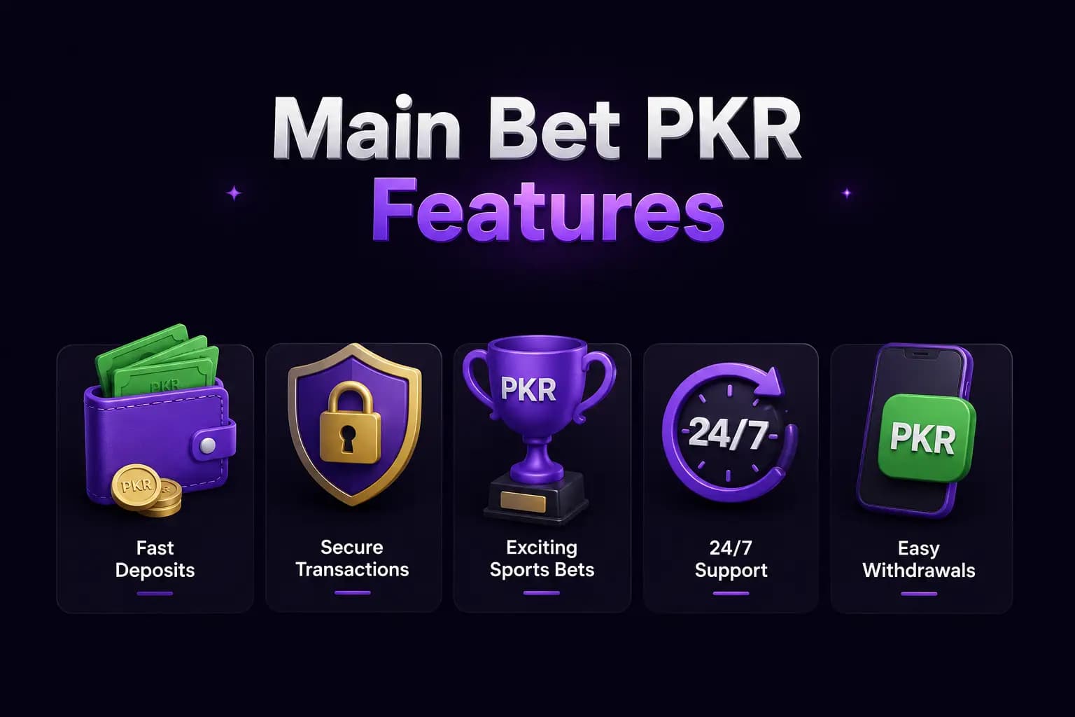 Bet PKR branded graphic for 'Main Bet PKR Features' showing a smartphone dashboard with the app's key features