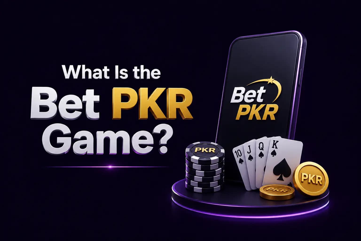 Bet PKR branded graphic for 'What Is the Bet PKR Game?' showing a smartphone with the Bet PKR logo, playing cards and PKR-branded poker chips and coins