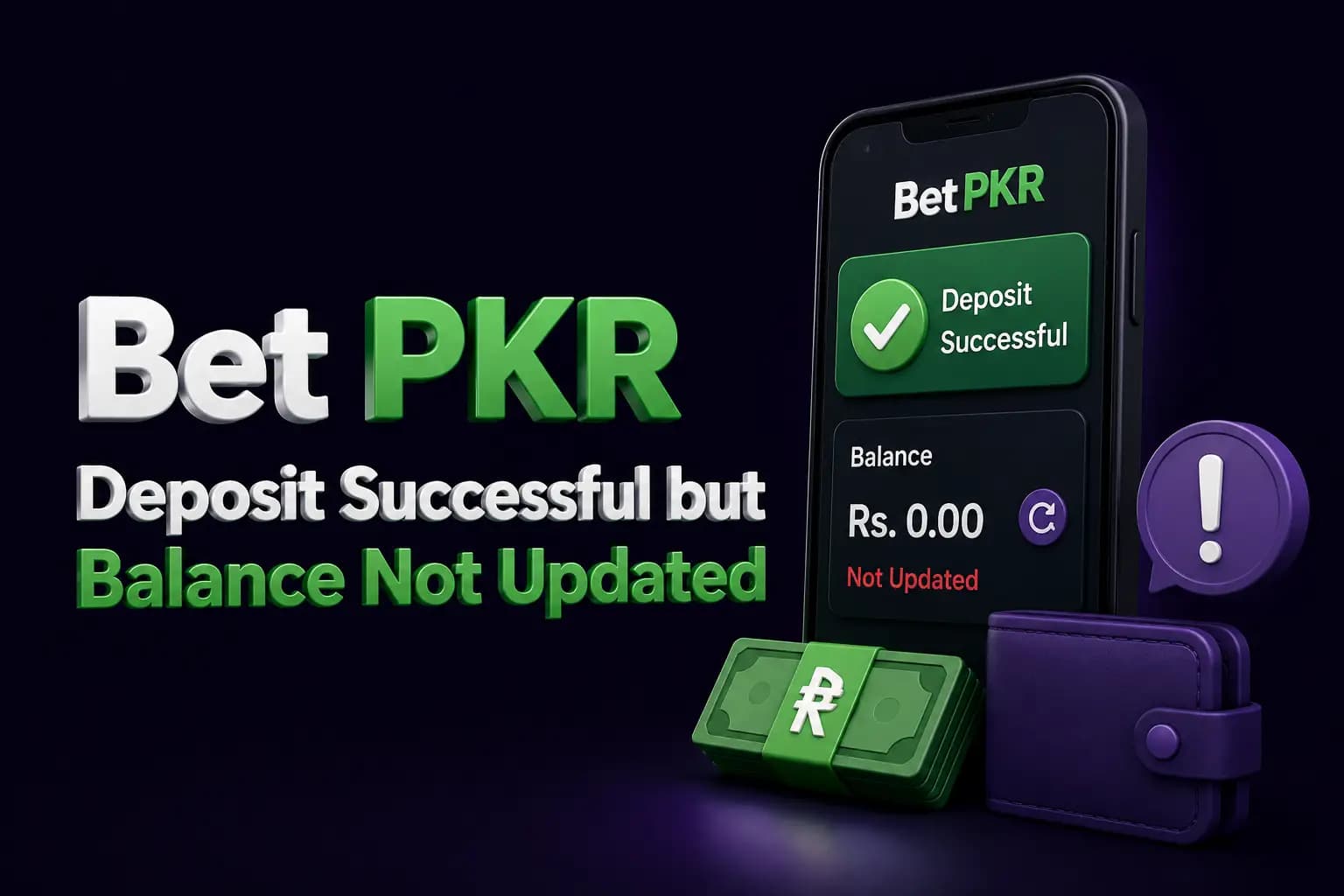 Bet PKR branded graphic showing a smartphone with a successful deposit that has not yet updated the wallet balance