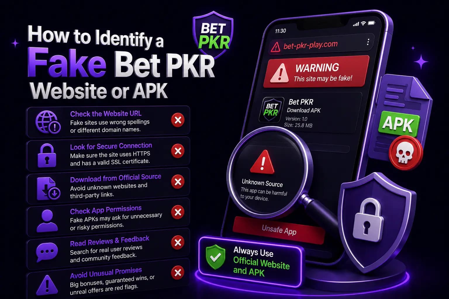 Bet PKR branded graphic showing a smartphone with a security warning, illustrating how to identify a fake Bet PKR website or APK