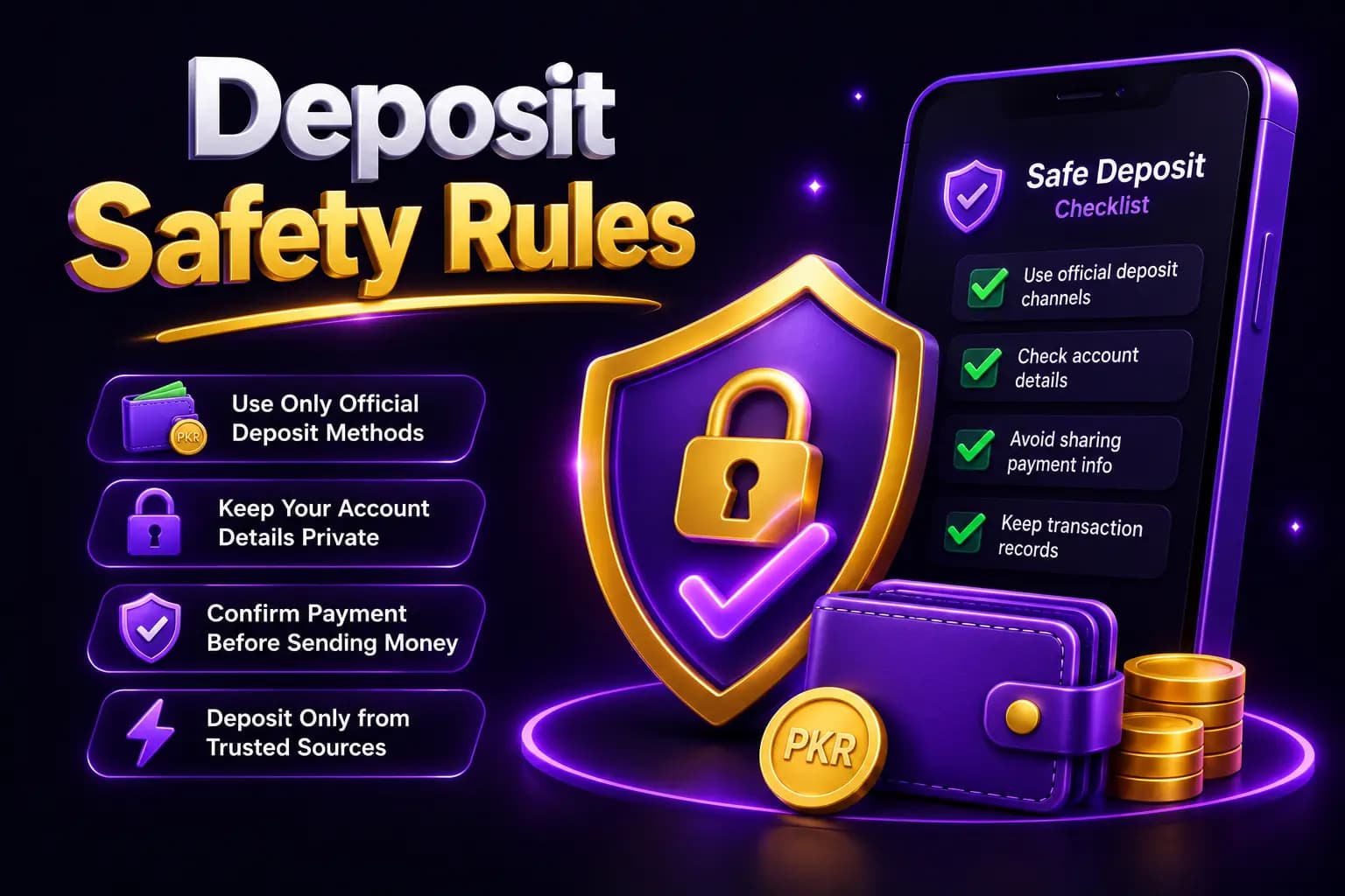 Bet PKR branded graphic showing safety rules to follow before making a Bet PKR deposit Bet PKR branded graphic showing safety rules to follow before making a Bet PKR deposit