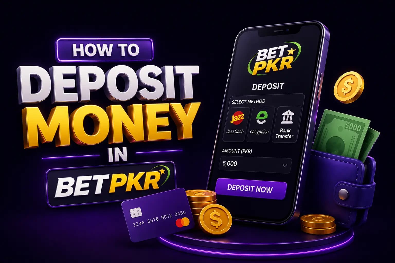 Bet PKR branded graphic showing the step-by-step process to deposit money into a Bet PKR account Bet PKR branded graphic showing the step-by-step process to deposit money into a Bet PKR account