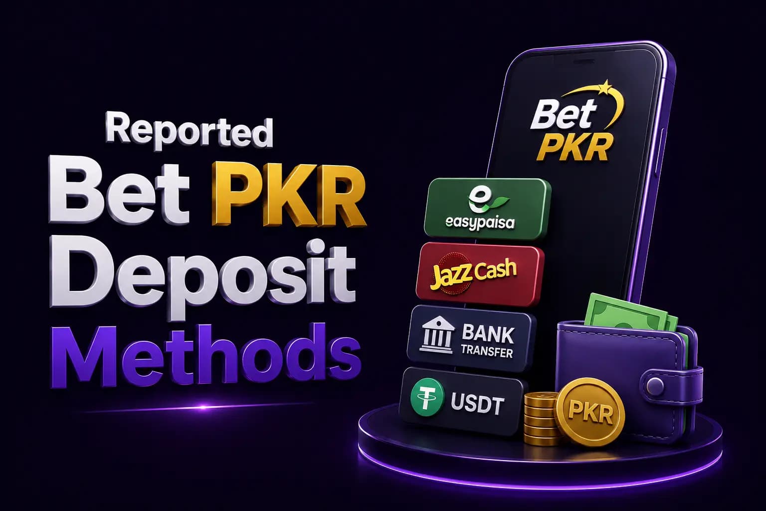 Bet PKR branded graphic showing the reported deposit payment methods on a smartphone Bet PKR branded graphic showing the reported deposit payment methods on a smartphone