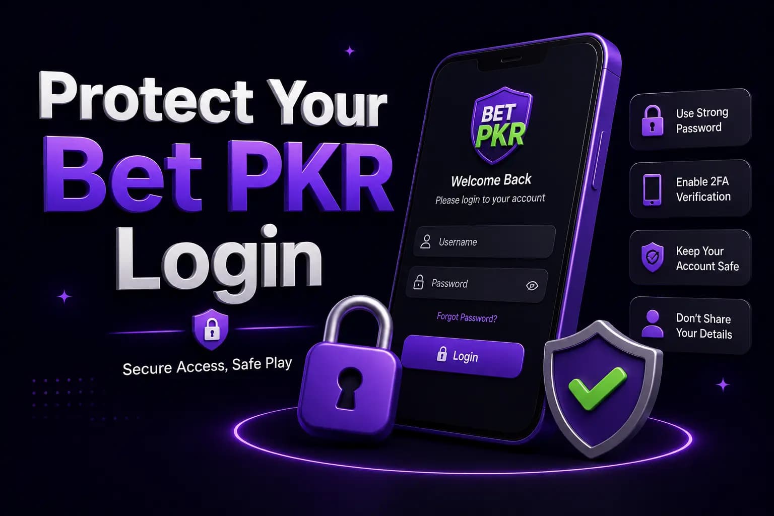 Bet PKR branded graphic showing a smartphone with a padlock, illustrating login account protection Bet PKR branded graphic showing a smartphone with a padlock, illustrating login account protection