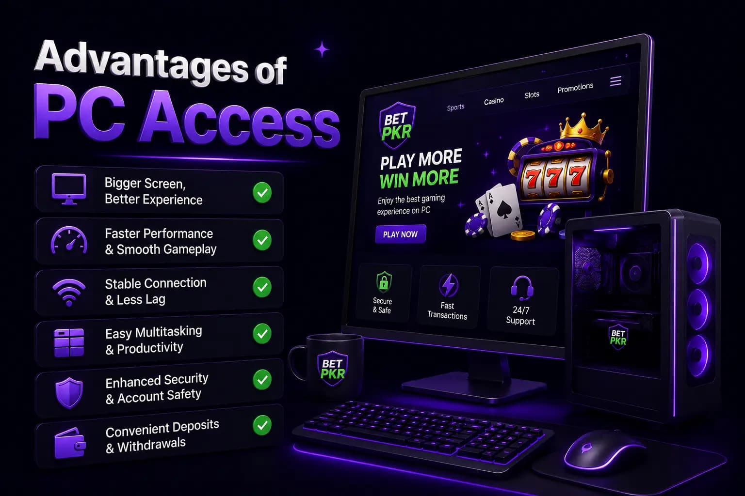 Bet PKR branded graphic listing the advantages of accessing Bet PKR on a PC, shown on a desktop monitor setup Bet PKR branded graphic listing the advantages of accessing Bet PKR on a PC, shown on a desktop monitor setup