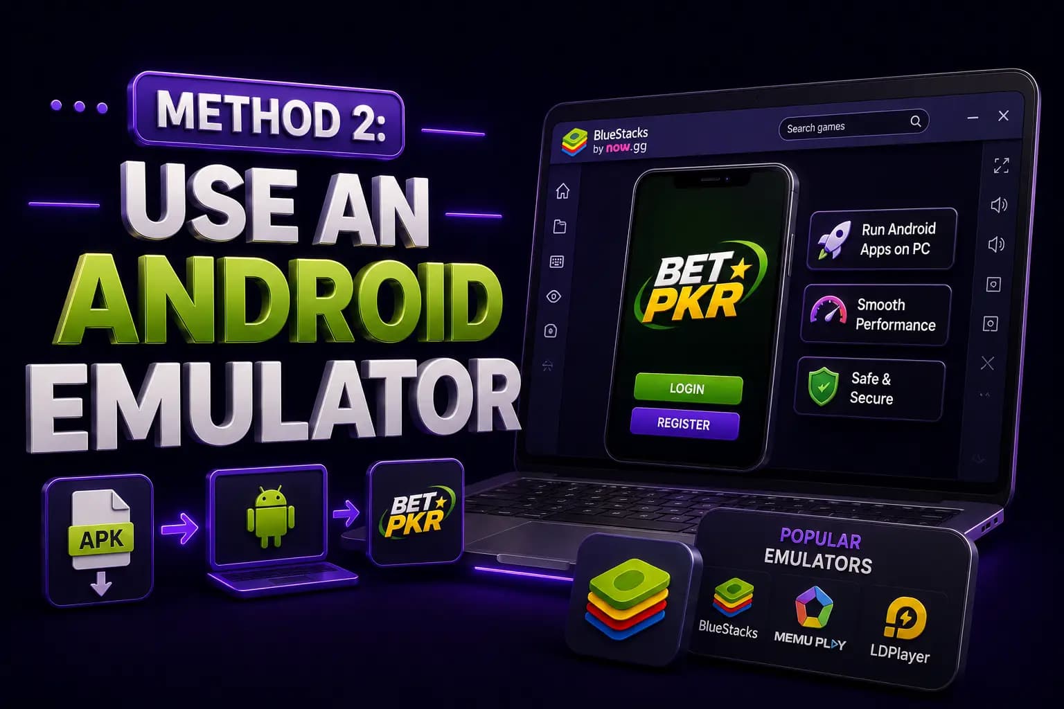 Bet PKR branded graphic showing an Android emulator setup used to run Bet PKR on a PC Bet PKR branded graphic showing an Android emulator setup used to run Bet PKR on a PC