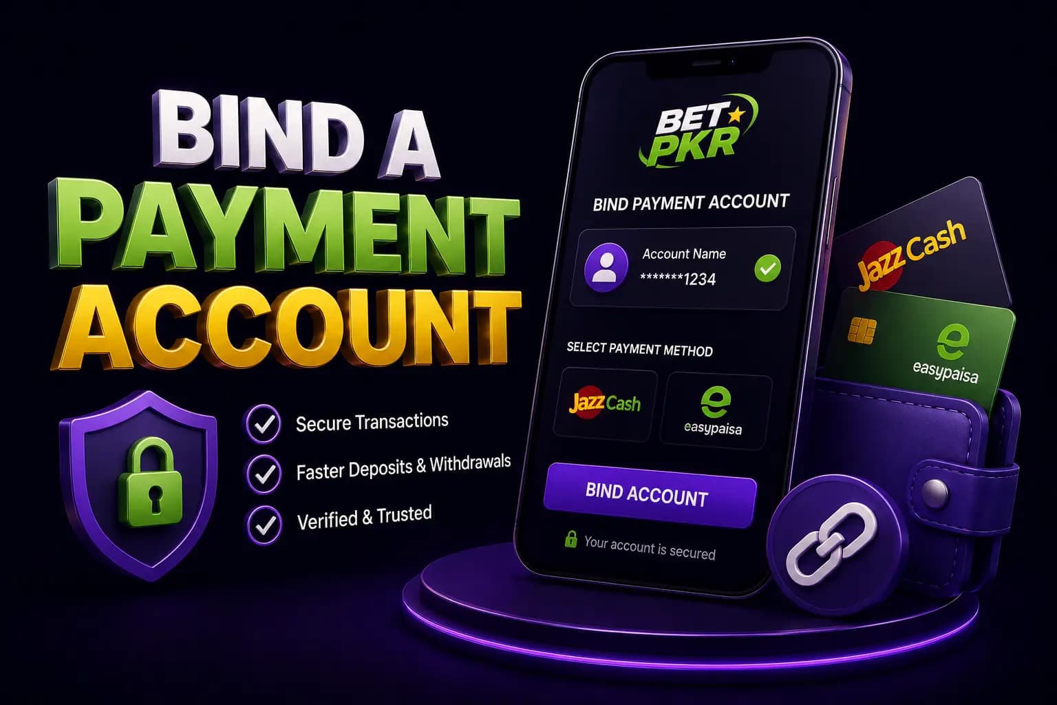 Bet PKR branded graphic showing a smartphone with a payment account being linked for withdrawals Bet PKR branded graphic showing a smartphone with a payment account being linked for withdrawals