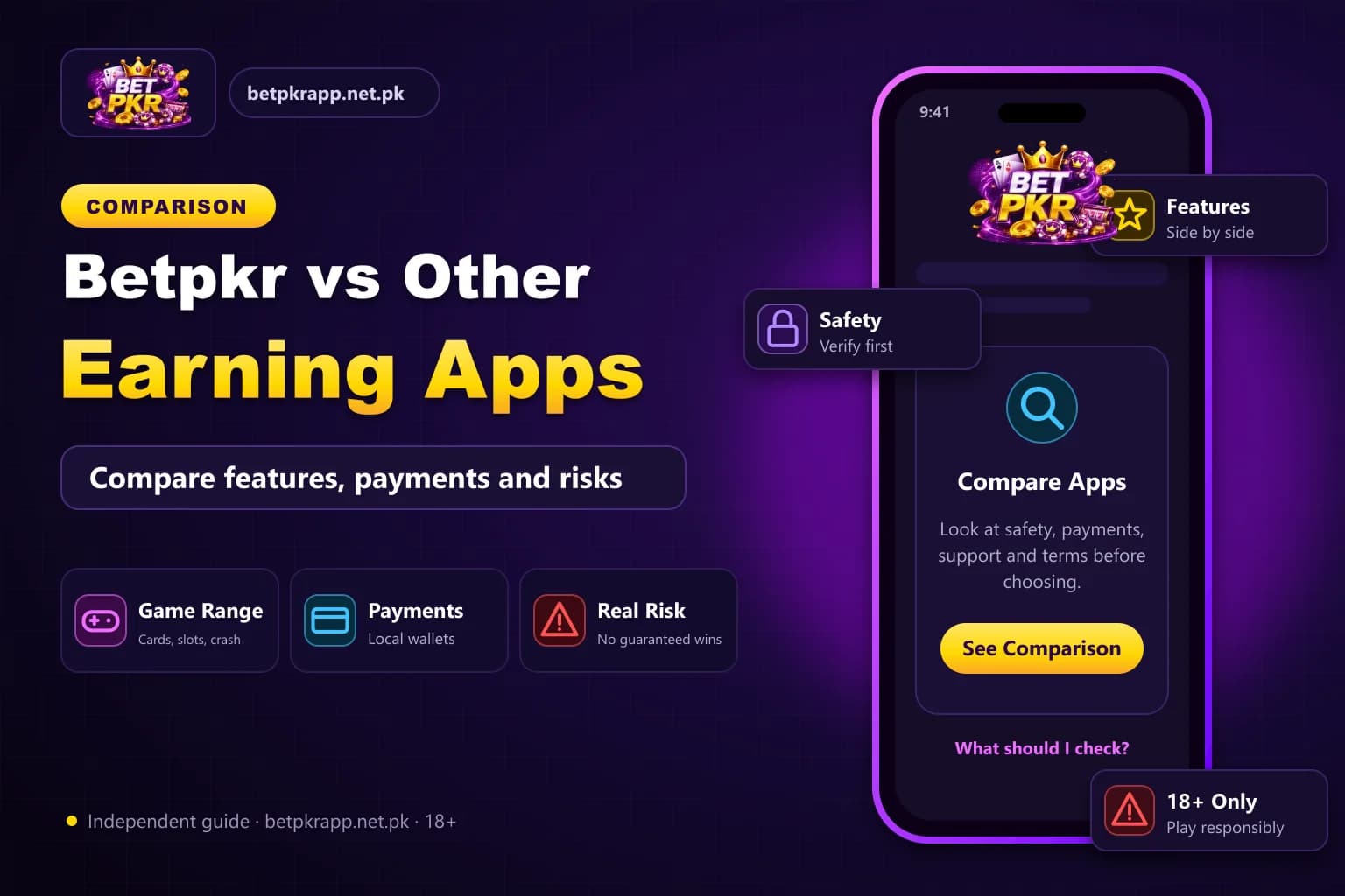 Comparison checklist graphic showing Betpkr next to other Pakistani earning apps, scored on payments, support, transparency and risk Comparison checklist graphic showing Betpkr next to other Pakistani earning apps, scored on payments, support, transparency and risk