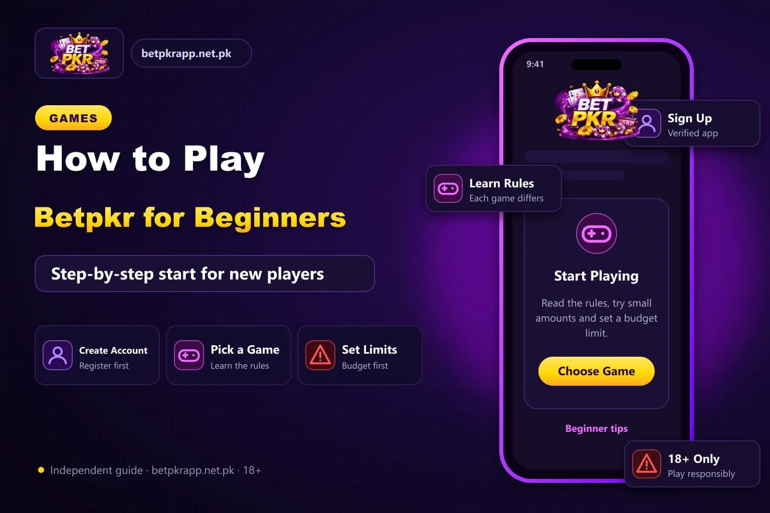 Beginner journey graphic showing the Betpkr steps from registration and wallet binding to choosing a game and withdrawing Beginner journey graphic showing the Betpkr steps from registration and wallet binding to choosing a game and withdrawing